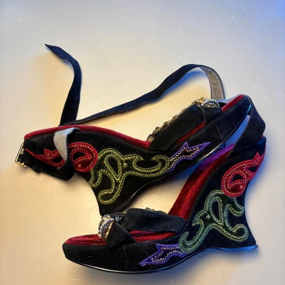 Y2K Vintage RARE Baby Phat Wedge Heel Platforms Colorful Stone Embellishment